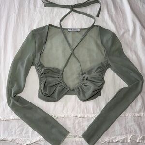 Zara Sage Green Sheer Crop Top
